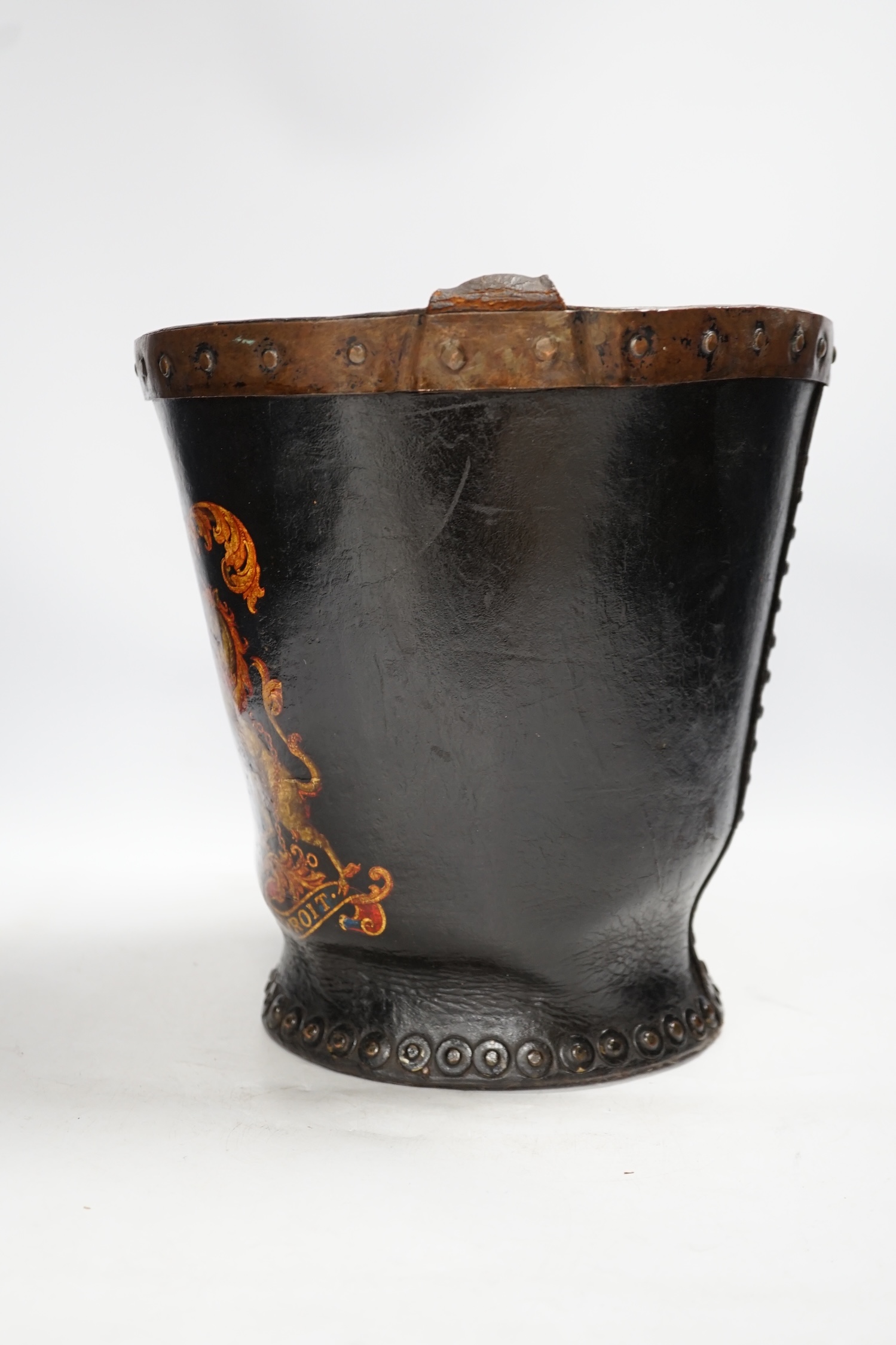 A 19th century painted fire bucket with swing handle, 29cm. Condition - fair